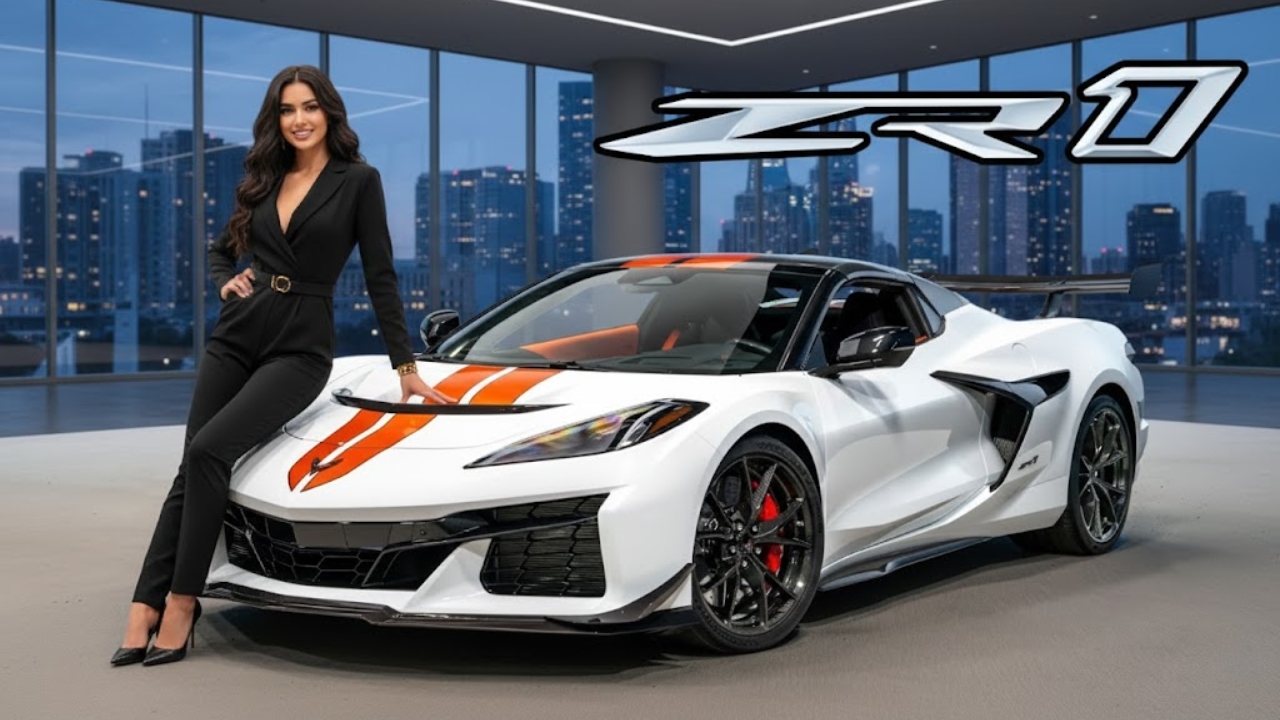 Sleek white Corvette ZR1 with stripes.